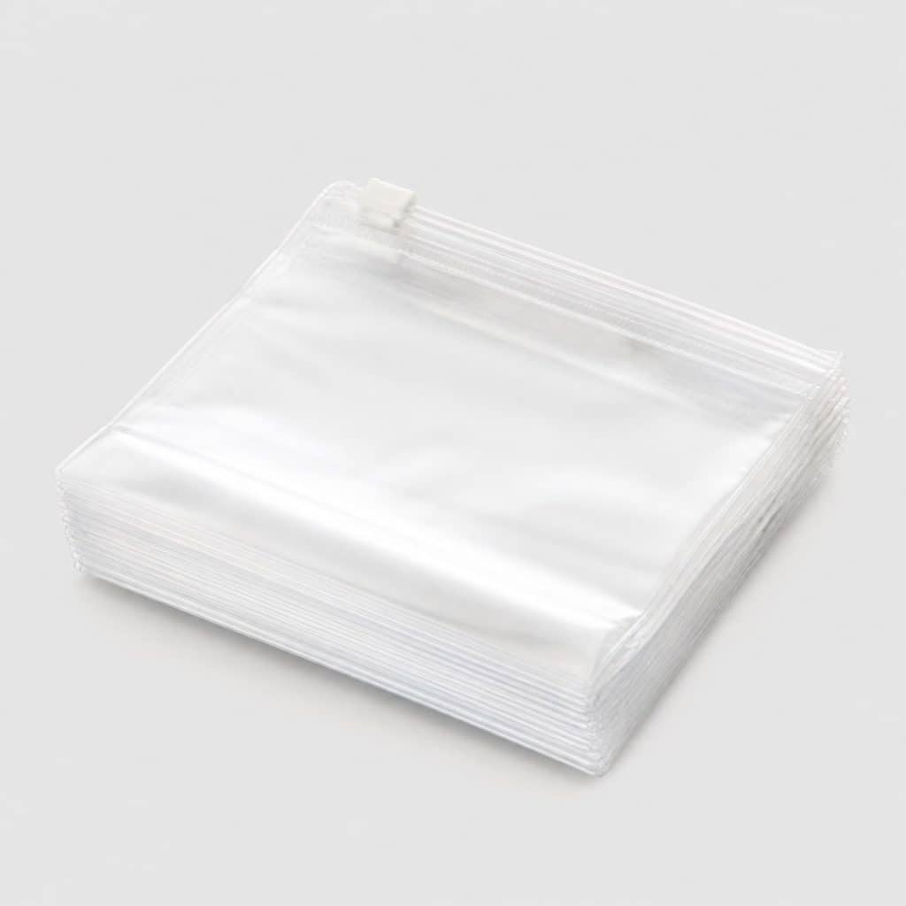 Lot de pochettes plastique transparentes zippées empilées sur fond clair