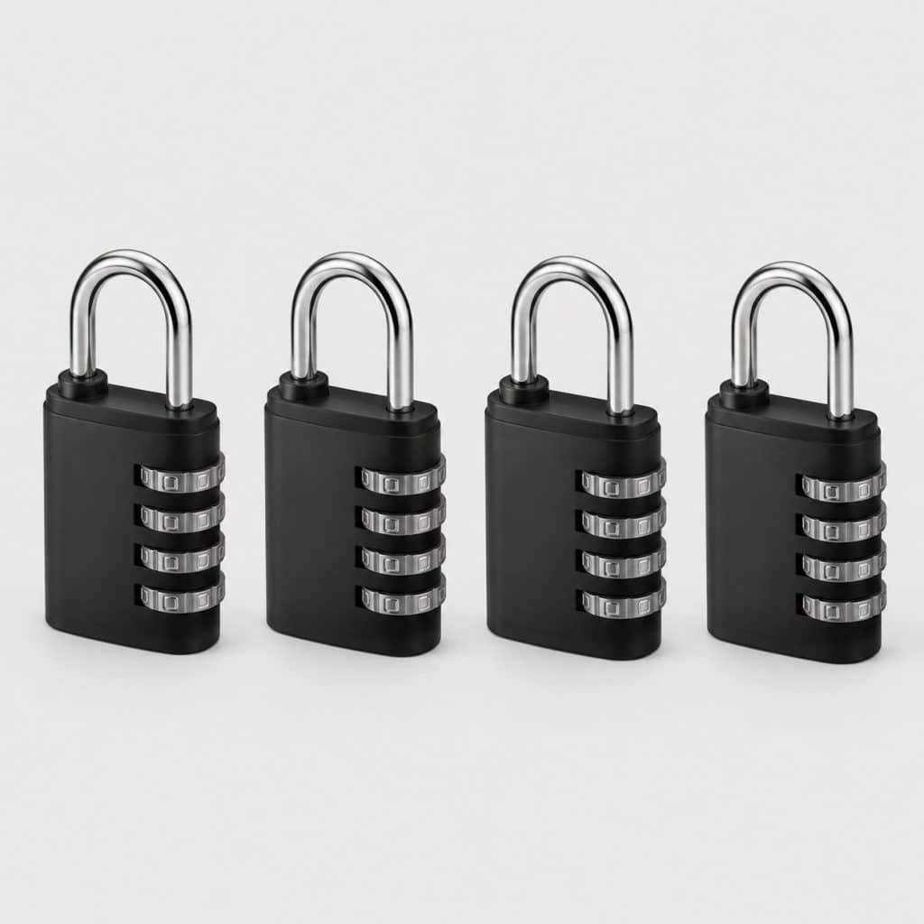 Quatre cadenas à combinaison identiques posés sur fond clair