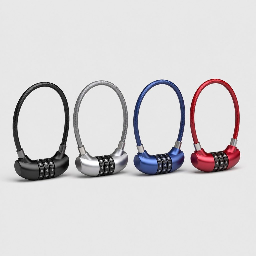 Quatre cadenas à câble souple avec molettes posés sur fond clair