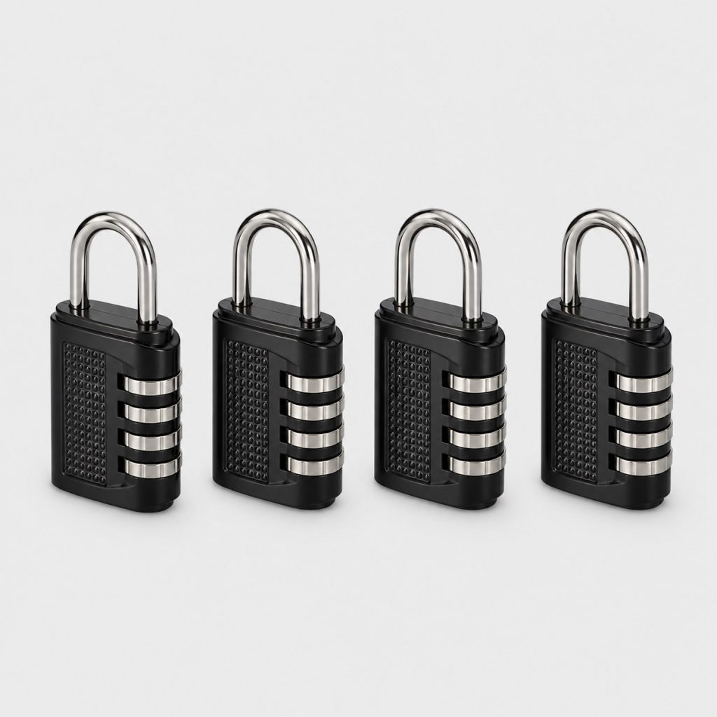 Quatre cadenas à combinaison identiques disposés en pack sur fond clair
