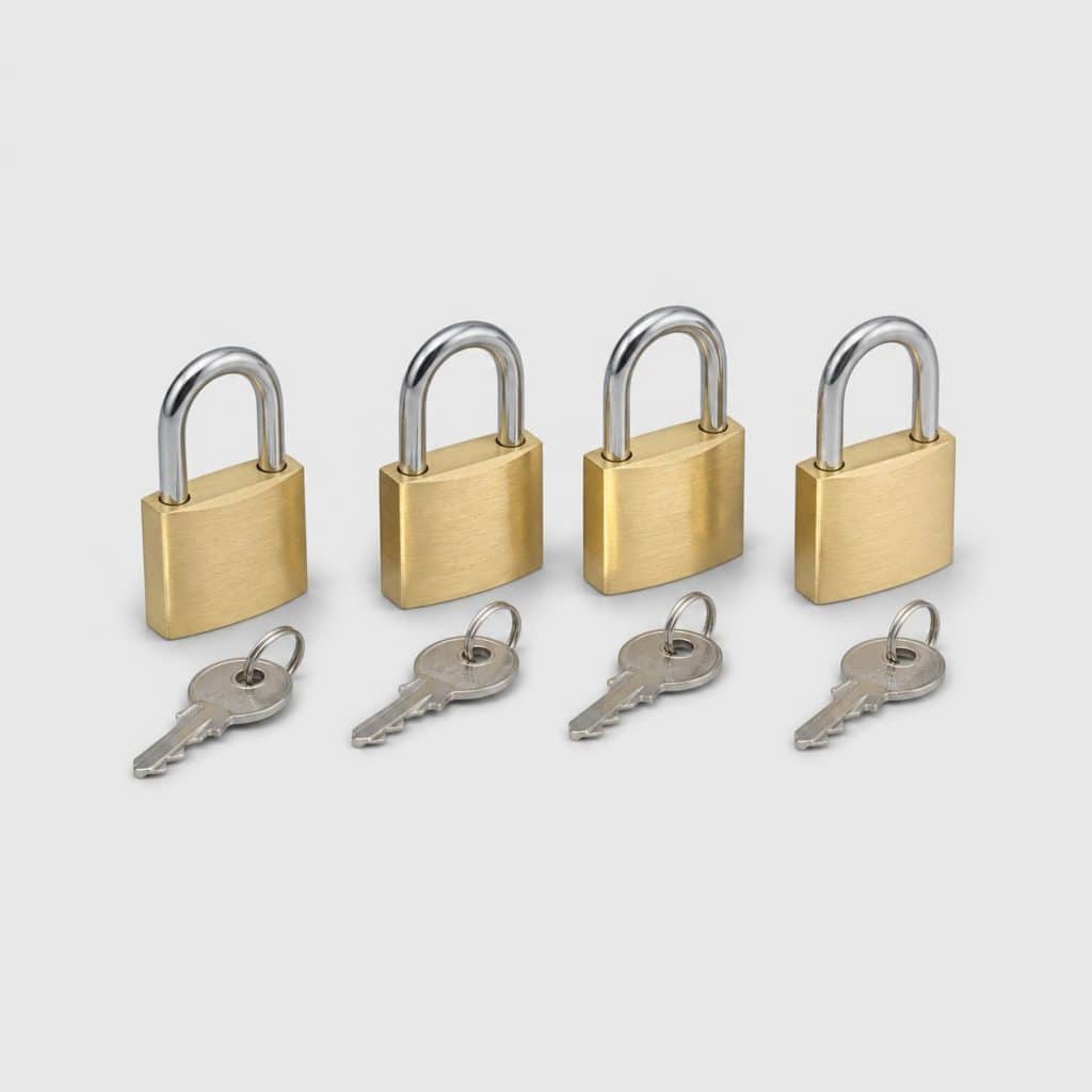 Quatre mini-cadenas à clé avec leurs clés posés sur fond clair
