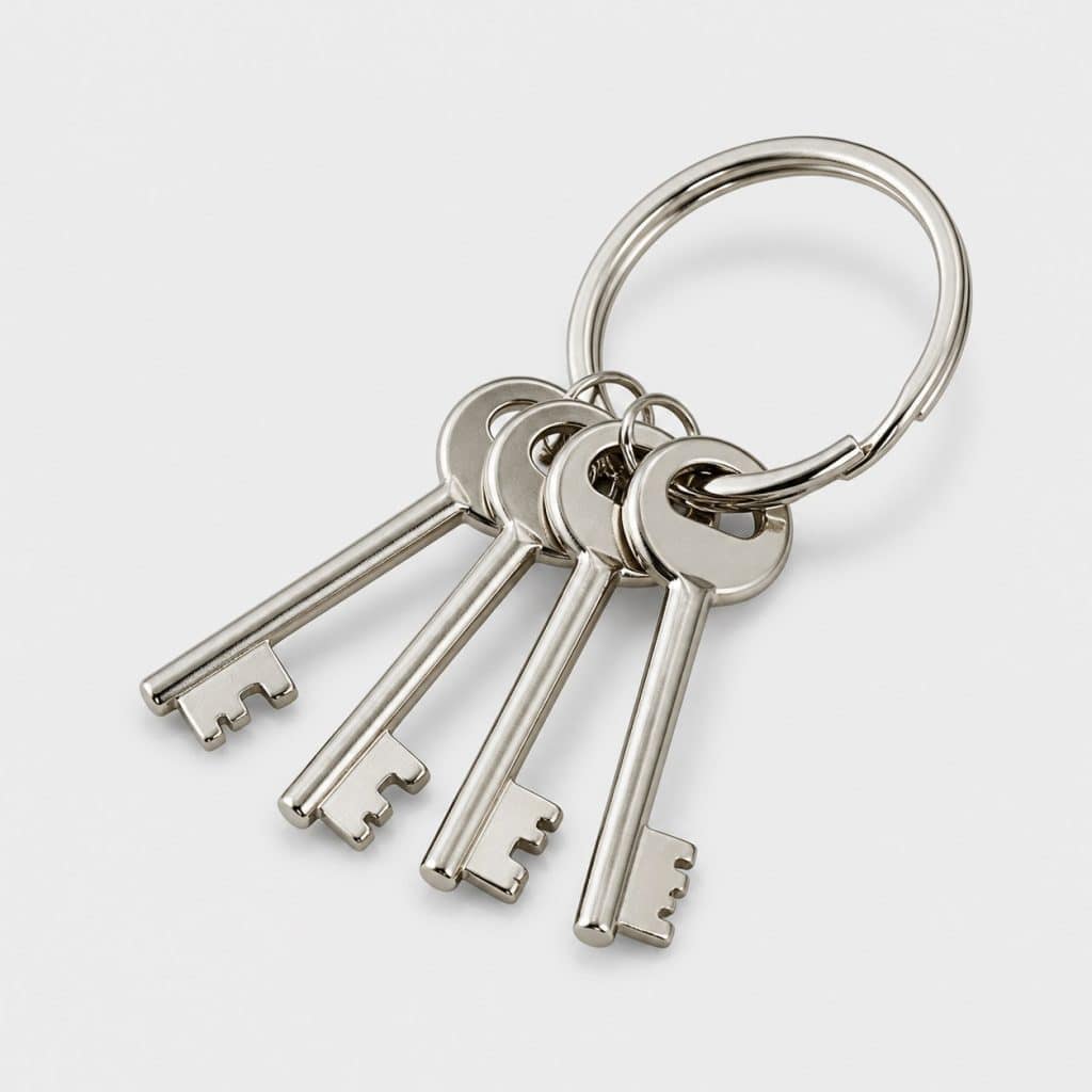 Quatre petites clés métalliques attachées à un porte-clés sur fond clair