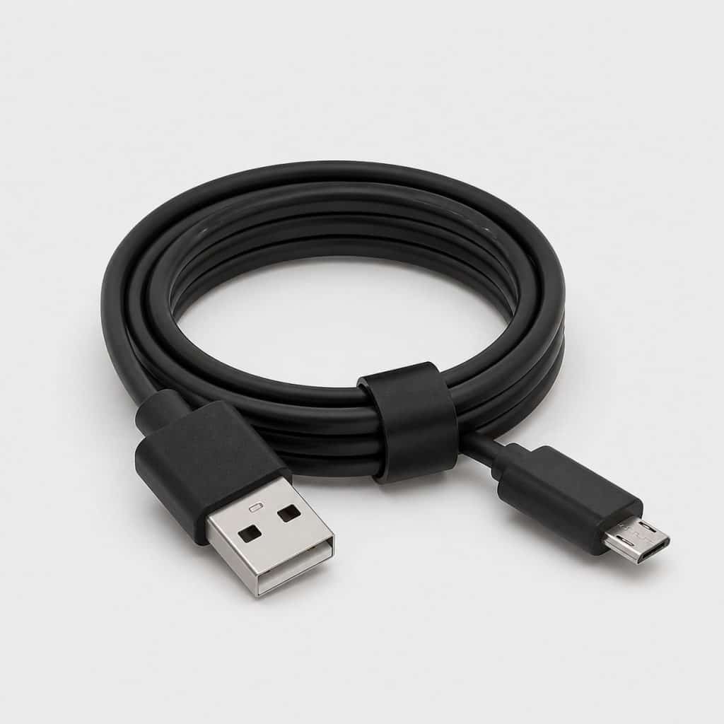 Câble de chargement micro-USB enroulé sur fond clair
