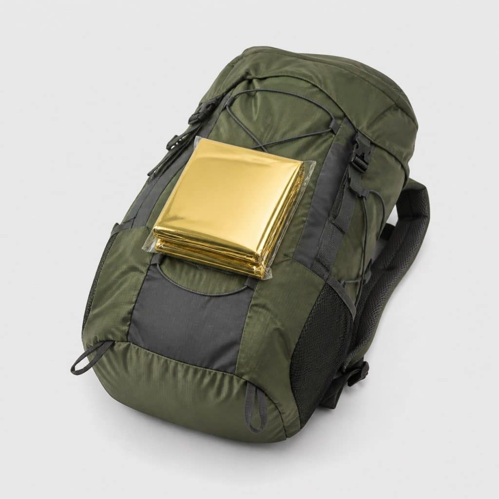 Couverture de survie dorée pliée dans sa pochette sur un sac de randonnée