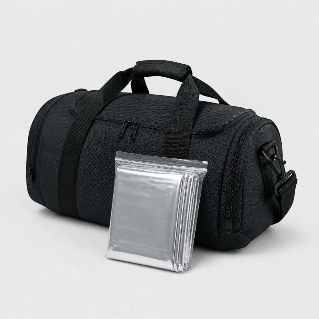 Couverture de survie argentée pliée dans sa pochette sur un sac de sport