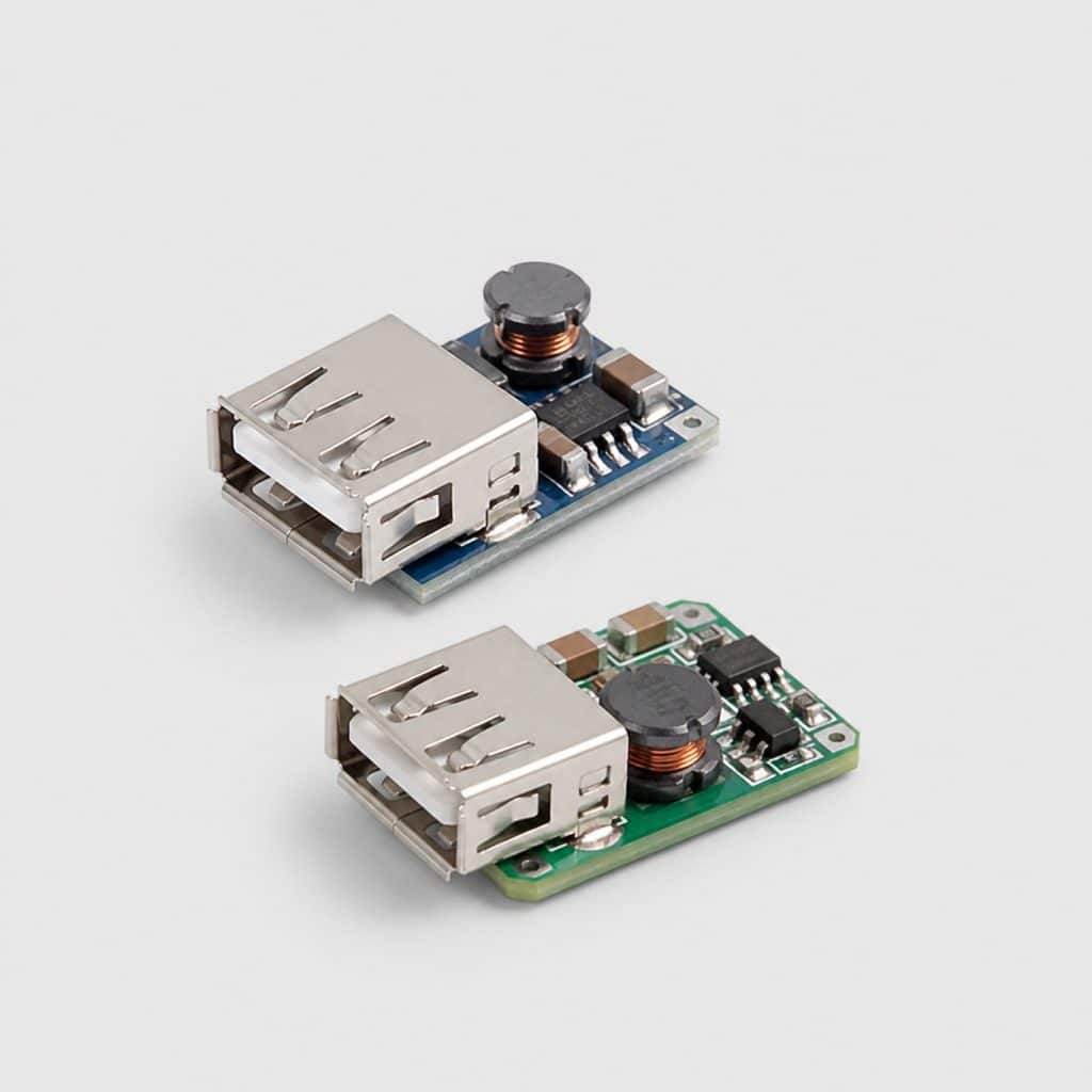 Deux modules convertisseurs DC-DC avec ports USB sur fond clair