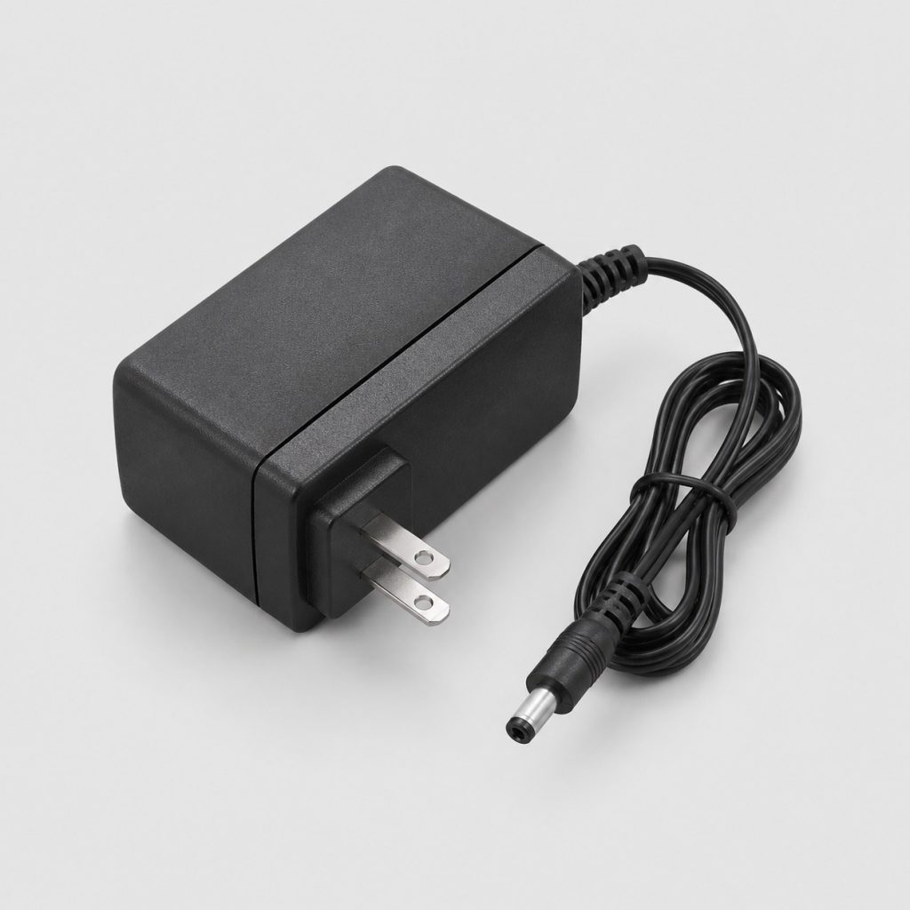 Adaptateur secteur noir avec fiche américaine sur fond clair