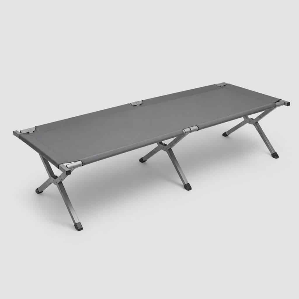 Lit de camping pliable gris au cadre métal déplié