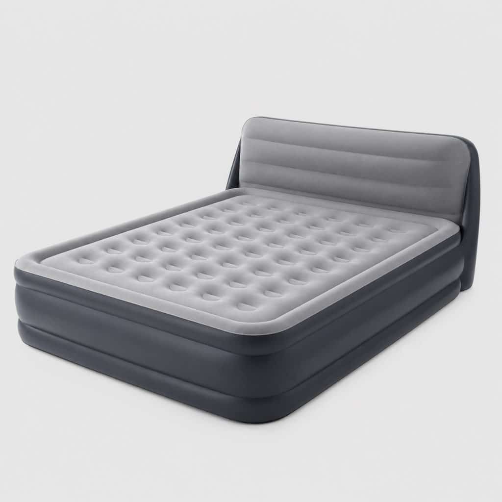 Matelas gonflable 2 places avec tête de lit gonflé sur fond clair