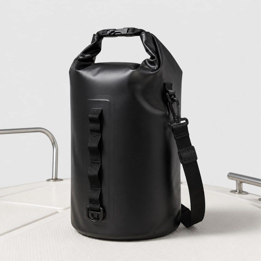 Sac étanche robuste posé sur le pont d'un bateau
