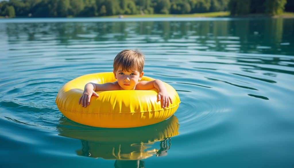 apprenez à repérer facilement un enfant dans l'eau en utilisant la couleur distinctive de sa bouée pour assurer sa sécurité lors des baignades.